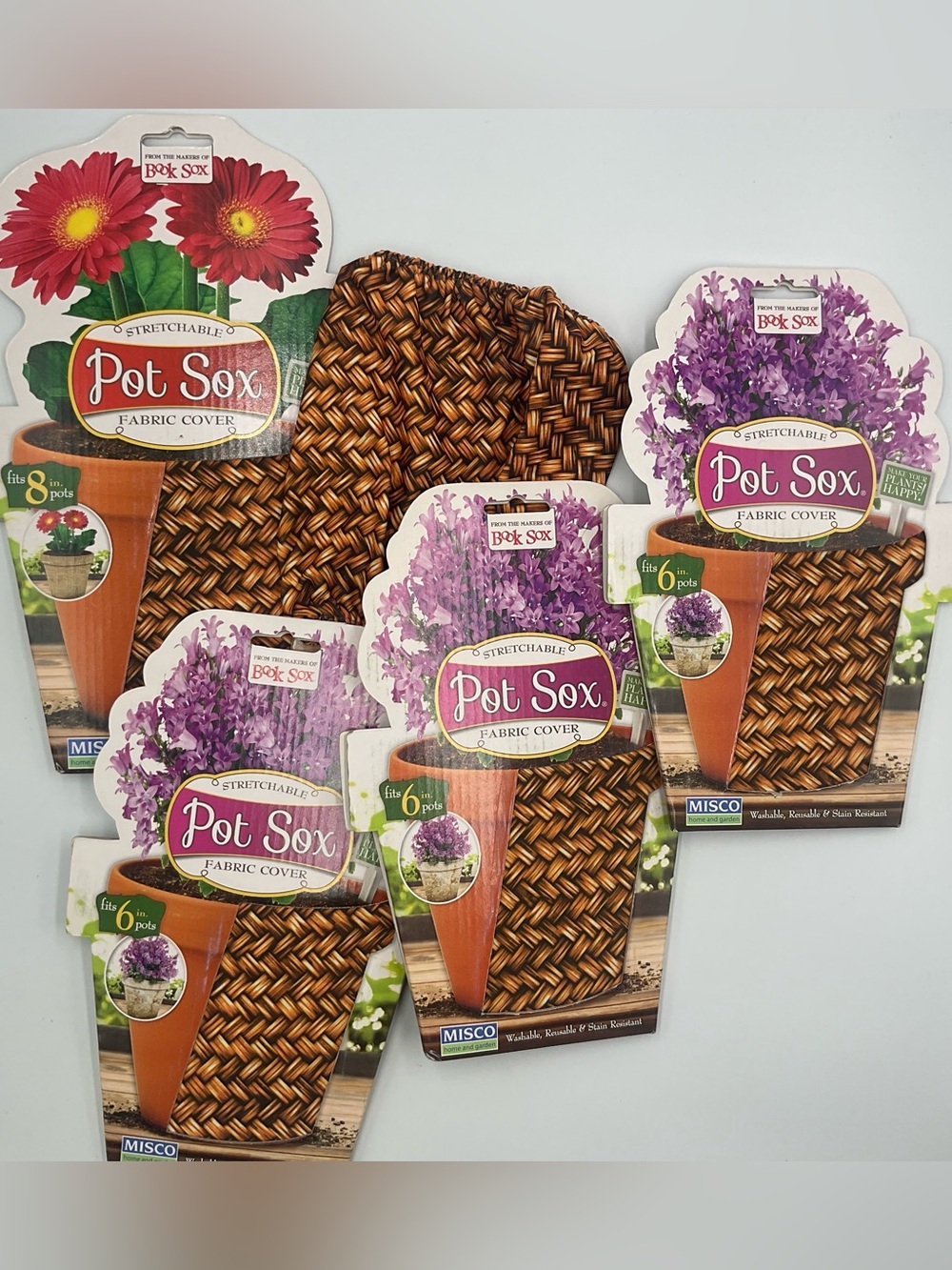 Lot x5 Pot Sox Cover  6”-8” Flower Pot Stretchable Washable Fabric Brown Wicker
